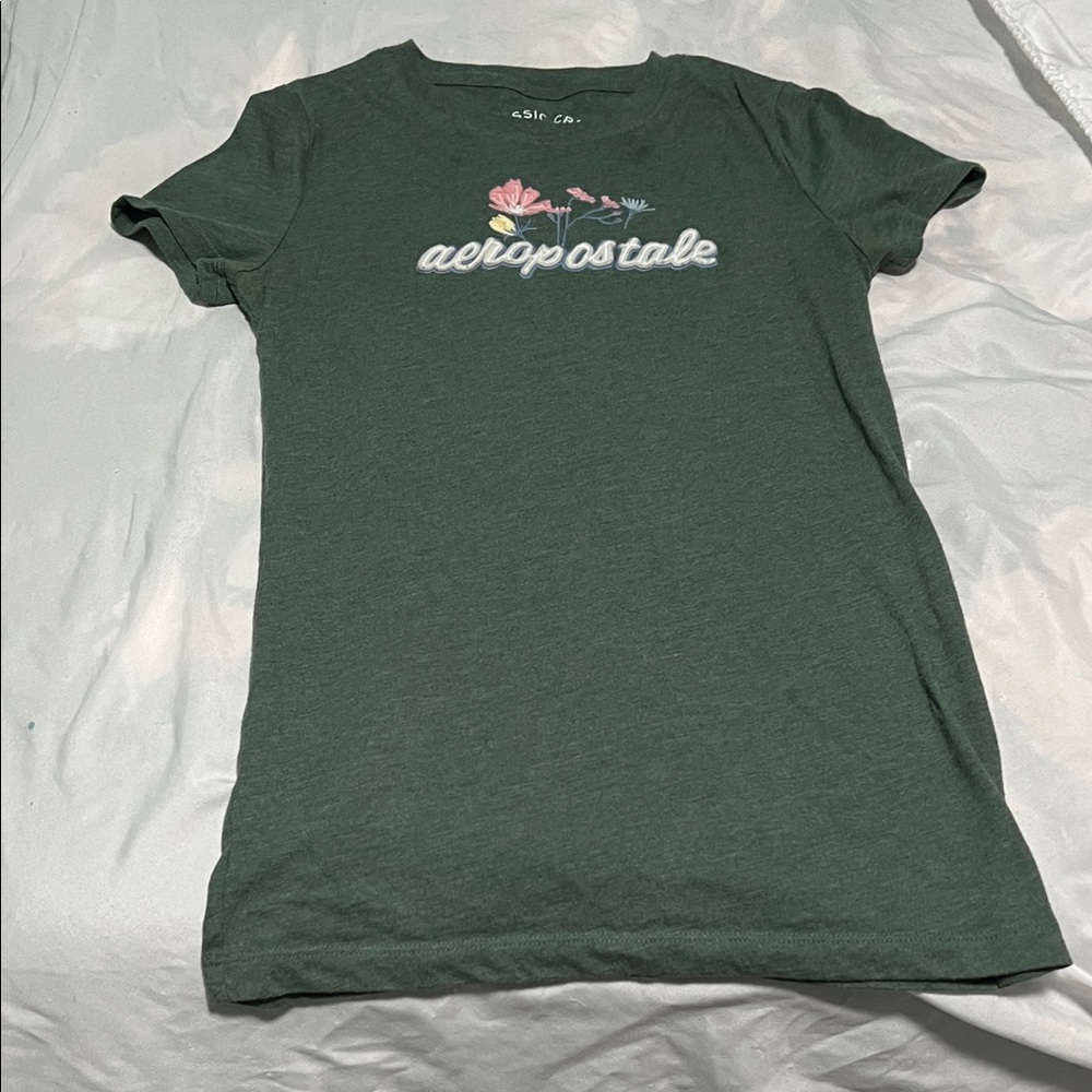 Aeropostale Forest Green Tee with Floral Design